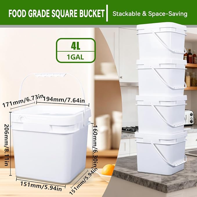 1 Gallon Food Storage Buckets with Lids, 4 Pack Square BPA Free Plastic Containers with Handles and Labels for Rice, Flour, Snacks and Kitchen Storage (White)