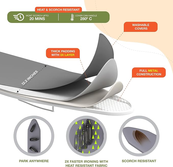 Ironing Board 36.2" x 12.2" Wall Mounted Compact Fold Down | Green and Gray, Space-saving design, cotton cover, compact fit for laundry rooms and closets with Iron Holder
