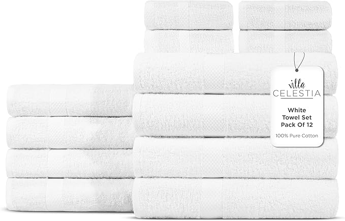 Villa Celestia 12-Piece 100% Cotton Towel Set, 4 Bath Towels, 4 Hand Towels, 4 Wash Cloth, Quick-Dry, White