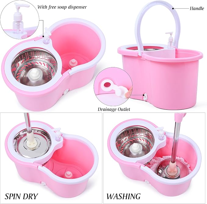 Cute Pink Mop and Bucket Set with 3 Extra Refills (Pink) | Pink, Spin Mop Floor Cleaning System
