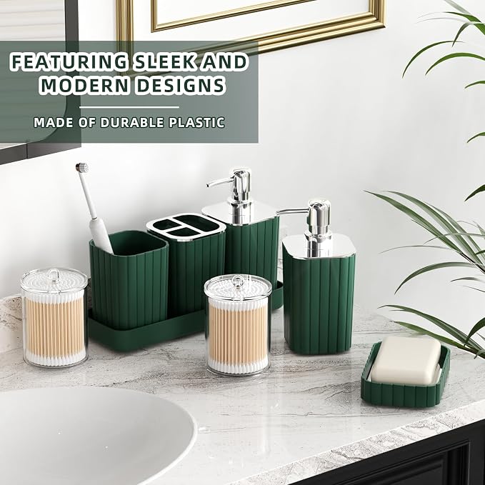 XLHOMO Bathroom Set- 25PC Green Bathroom Sets, Bathroom Set with Shower Curtain and Rugs, Dark Green Shower Curtain Set, Bathroom Accessories Set, Bathroom Trash Can