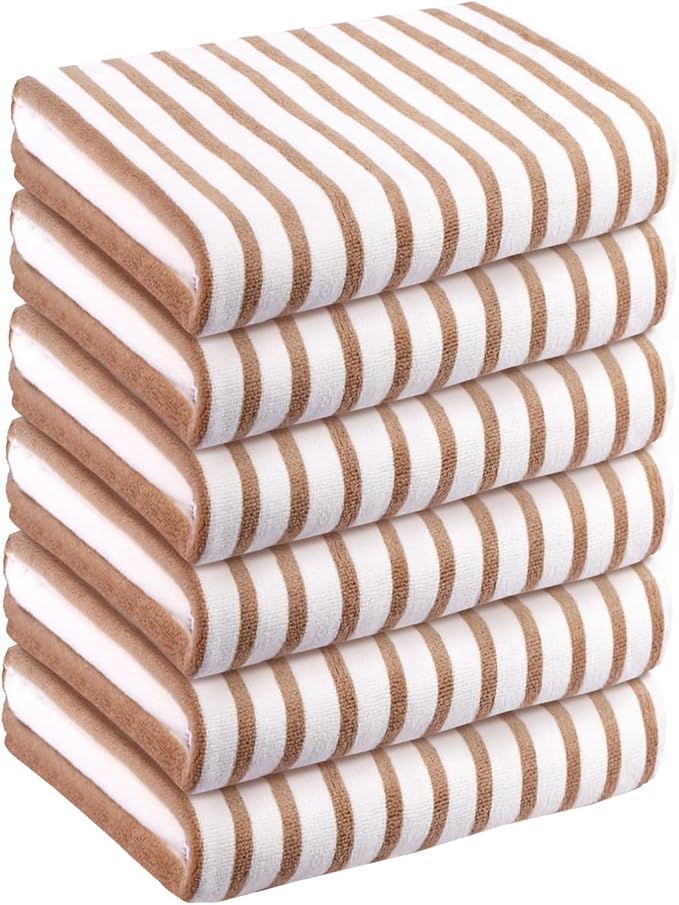 JML Microfiber Beach Towels, 6 Pack, 30" x 60", Cabana Stripe Coffee | Hanging Loop, Absorbent, Quick Dry, For Adults, Travel, Summer Party, Sport, Swimming, Pool, Yoga, Camping