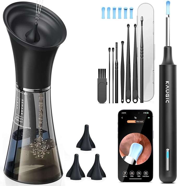 KAUGIC Ear Wax Removal Kit with Camera – Ear Cleaner Tool for Safe & Effective Ear Care – Includes Ear Camera for Visual Inspection & Gentle Ear Irrigation System – Complete Ear Cleaning Solution | Complete Ear Cleaning Kit, Visual, Waste Collection Ta...