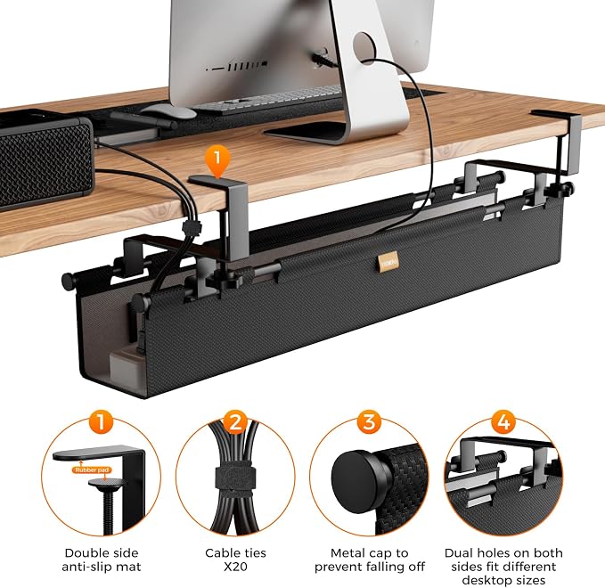 Cable Management Tray Under Desk, 38" No Drill Standing Desk Cable Organizer with Clamp/Screw Mount,Wire Cord Organizer for Table, Cable Tray for Office, Home