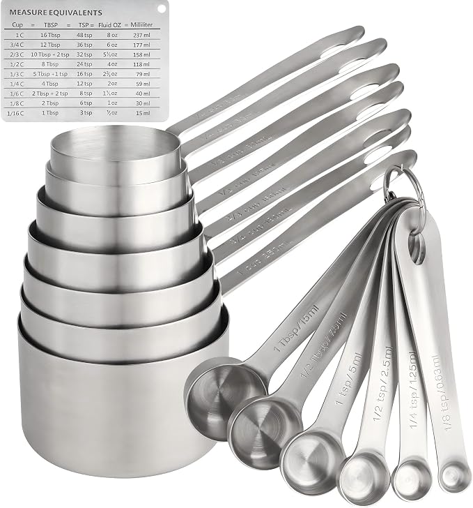 Measuring Cups and Spoons Set 16, 18/8 Stainless Steel Measuring Cups and Spoons for Dry&Liquid, 7 Metric&US Measing Cups &6 Measuring Spoons &Measure Equivalents for Kitchen&Baking