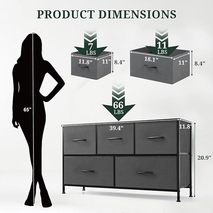5-Drawer Dresser for Bedroom, Anti-Tip Wide Storage Organizer Fabric Chest of Drawers TV Stand for 45" TV with Wooden Top and Metal Frame for Closet, Living Room, Hallway, Entryway, Gray