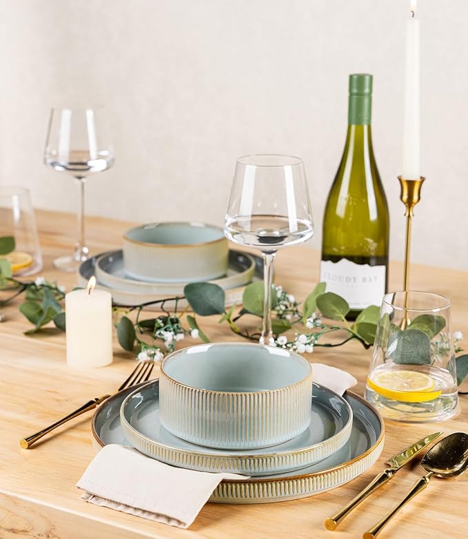 TheTerra Ceramic Dinnerware Sets for 8, 24 Pieces Porcelain Lightweight Plates and Bowls Sets, Scratch Resistant Dish Set, Oven & Microwave & Dishwasher Safe,Illusion Blue