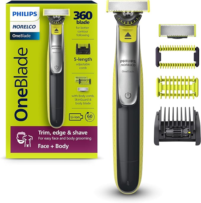 Philips Norelco for Face + Body, Electric Beard Trimmer, Shaver and Groomer, 5in1 Adjustable Comb, 1x Body Kit, Model QP2834/70, Black/Lime Green