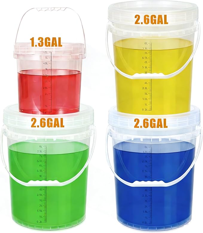 3 Pack 2.6 Gal & 1.3 Gallon Bucket with Lid, Clear Plastic Food Storage Containers, Food Grade Buckets with Lids for Ice Cream, Dog Food, Water, Large Quart Container with Handle