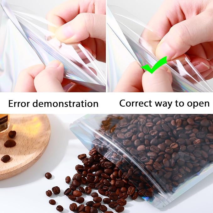 150 Pcs Mylar Bags for Food Storage, 8x12 Mylar Bag with Window Stand Up, Large Holographic Resealable Bags Smell Proof Bag Food Packaging for Small Business Freeze Dried Candy Jewelry Foil Packaging
