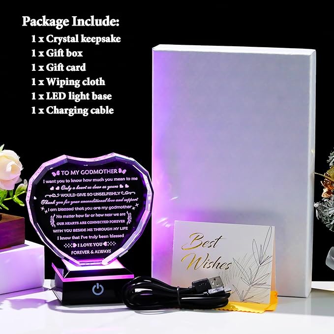 Arikyrist Godmother Gifts from Godchild with Colorful Light Base, Birthday Gift for Godmother Crystal Heart Keepsake, To My Godmothers Gifts from Goddaughter Godson on Mothers Day Christmas