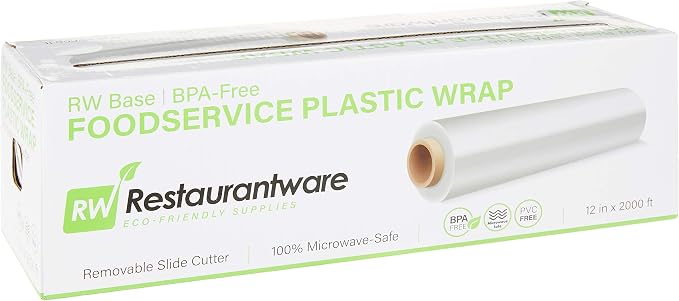 Restaurantware RW Base 12 Inch x 2000 Feet Cling Wrap 1 Roll Microwavable Cling Film - With Removable Slide-Cutter Clear Plastic Food Wrapping Film Securely Seal And Keep Food Fresh