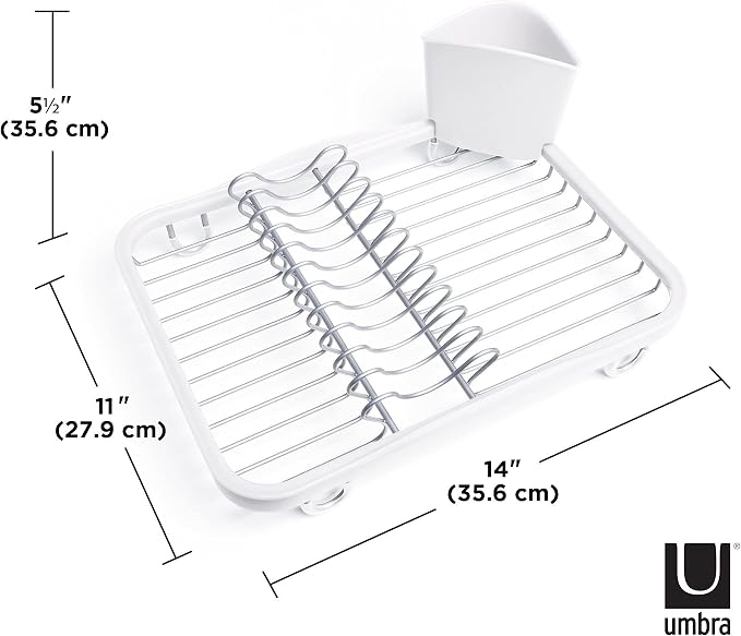 Umbra Sinkin Dish Drying Rack, in Sink or Countertop Drainer, White/Nickel | Removable utensil holder, non slip rubber feet, fits standard sizes, coated wire and plastic