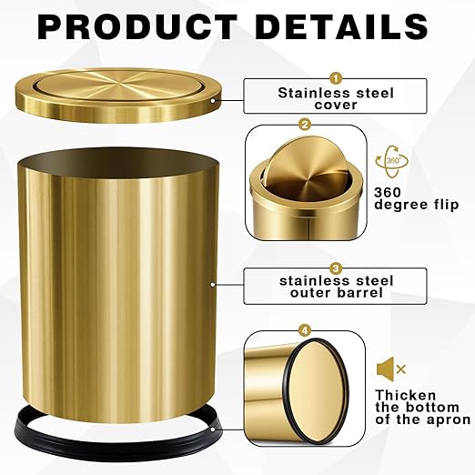 Maxdot 2 Pcs 4 Gallon/15 L Gold Bathroom Trash Can with Flip Lid and Toilet Brush Set, Large Luxury Stainless Steel Garbage Trash Can Wastebasket Bin for Home Office Hotel Bathroom Bedroom Kitchen