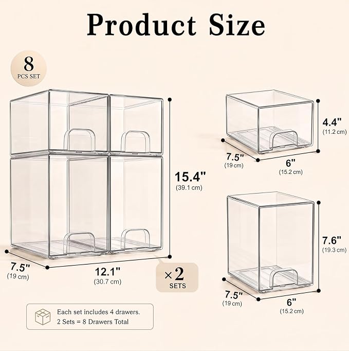 Clear Stackable Storage Drawers: Baby Bottle Storage Organizer, Acrylic Bottles Station Organizer Container for Countertop, Vanity, Bathroom, Cabinet Organization - 8 Pack