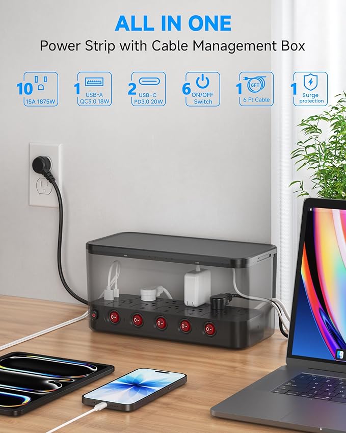 Power Strip with Cable Management Box,Surge Protector 10 AC and 3 USB Ports,6 ft Flat Plug Extension Cord,Outlet Hider Fast Charging Station,Desk Cord Organizer Box and Cover,Hidden Long Wire,Black