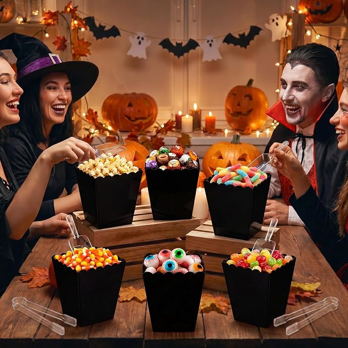 61 oz 6 Black Plastic Candy Bar Containers with 3 Tongs and 3 Scoops Halloween Party Supplies Reusable Scalloped Buffet Station Serving Bowls for Weddings Birthday Dessert Snack Box