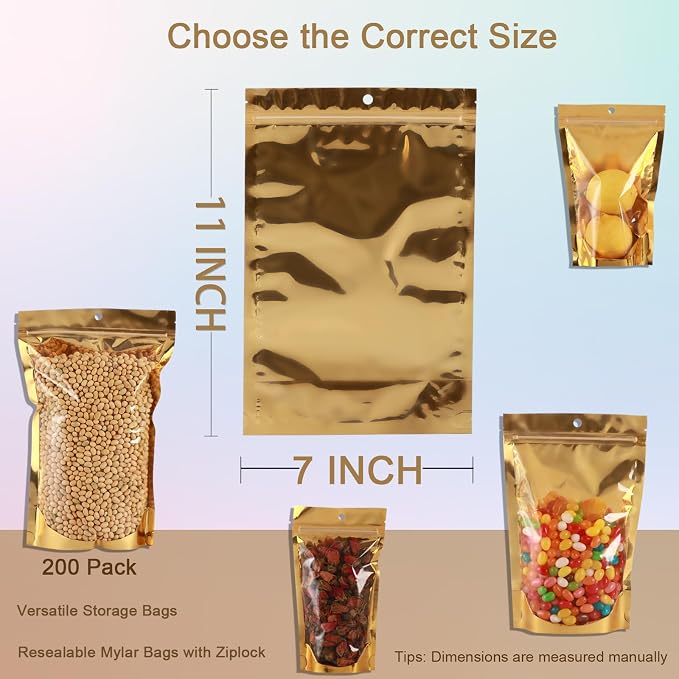 200 Pcs Mylar Bags for Food Storage, 7x10 Mylar Bag with Window Stand Up, Bulk Holographic Resealable Bags Smell Proof Bag Food Packaging for Small Business Freeze Dried Candy Jewelry Foil Packaging