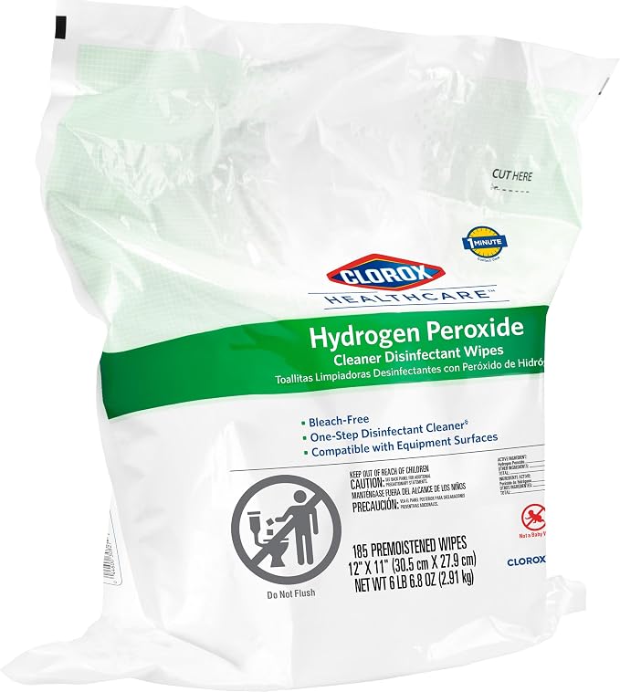 Clorox Healthcare Hydrogen Peroxide Cleaner Disinfectant Wipes, 12" x 11", Refill for Bucket, 185 Count, Pack of 2 (Package May Vary)