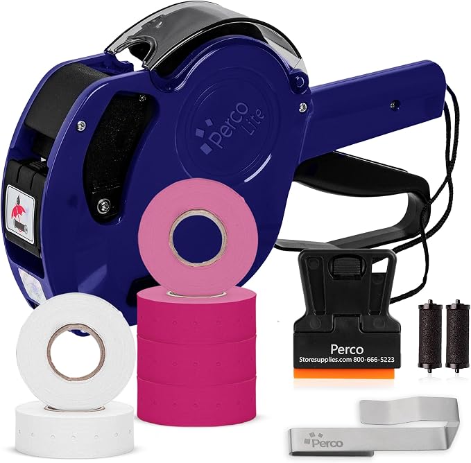 Perco Lite 1 Line Price Gun Kit for Retail Business – Includes 2 White Rolls, 4 Fluorescent Pink Rolls, Gun Clip & Ink Rollers – Pre-Loaded Pricing Gun w Labels & Ink