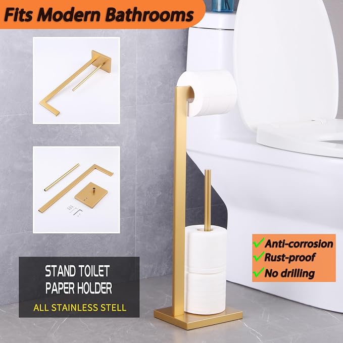 GERZWY Gold Toilet Paper Holder Free Standing with Reserve Stainless Steel Tissue Roll Holder Floor Stand Storage DZY004-BE