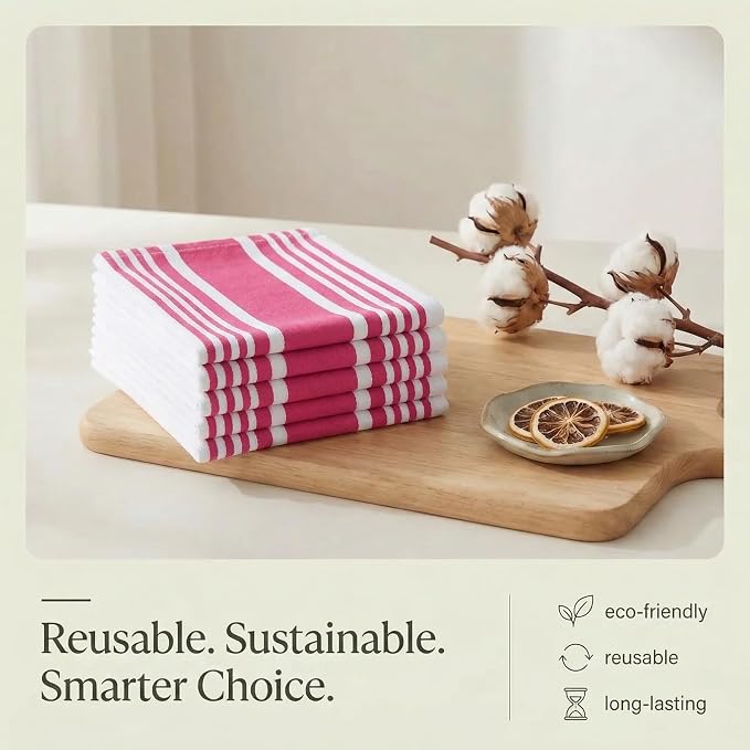 Urban Villa Kitchen Towels 100% Cotton Dish Towels for Kitchen(Set of 6)20”x30” Dish Cloths Highly Absorbent Kitchen Linen Set with Hanging Loop Perfect for Drying Dishes Cleaning Towels-Fuchsia White