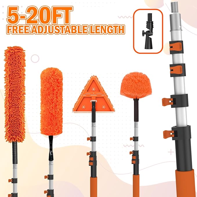 LAANPOLE 26FT Reach Dusters for Cleaning, Ceiling Fan Cleaner Duster with Extension Pole, Wall and Baseboard Cleaner Mop with Handle for Window Cobweb Fan Blade and High Ceiling