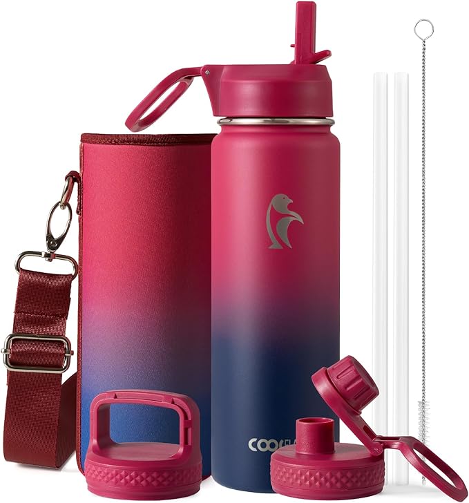 Coolflask Water Bottle 24 oz Insulated with Straw, Stainless Steel Metal 3 Lids Water Flask Wide Mouth for Sports or Office, Non-BPA Keep Cold Up to 48 Hrs or Hot Up to 24 Hrs, Ombre Wine/Navy
