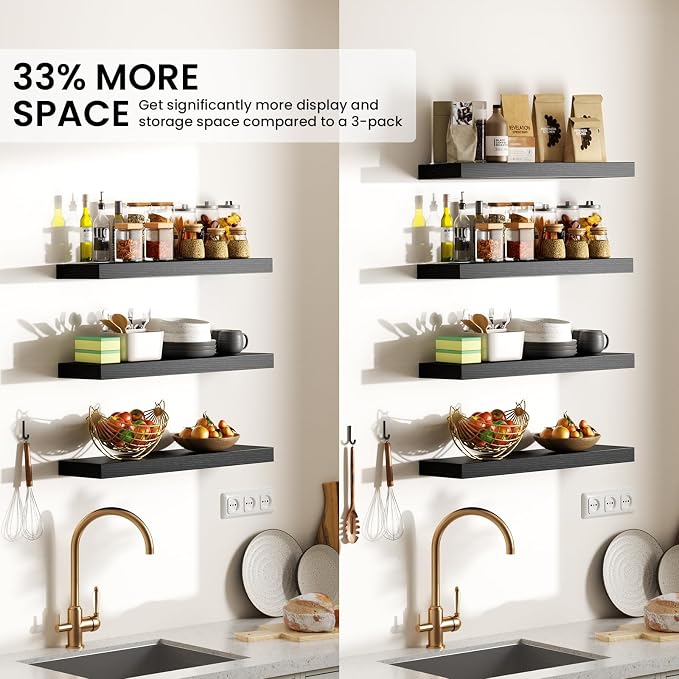 BAYKA Floating Shelves for Wall, 15.7in Wall Mounted Rustic Wood Shelves for Bathroom, Bedroom, Living Room, Kitchen, Hanging Shelf for Books/Storage/Room Decor with 22lbs Capacity (Black, Set of 4)