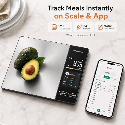 KitchenTour Smart Food Scale with Nutritional Calculator, Bluetooth App for Calorie & Macro Tracking, 24 Nutrients, 11lb/1g Stainless Steel Kitchen Scale