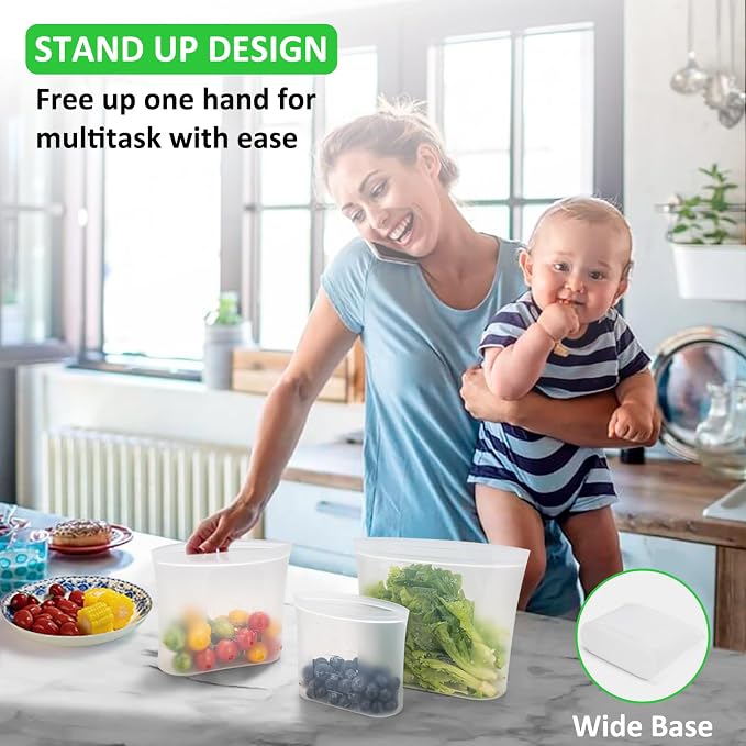 100% Platinum Silicone Reusable Food Storage Bags, 4 Pack, 34fl.oz/1000ml | Premium Silicone Reusable Storage Bag, Stand-Up Wide-Mouth Ziplock, Small Size, Freezer Microwave Dishwasher Safe, Clear