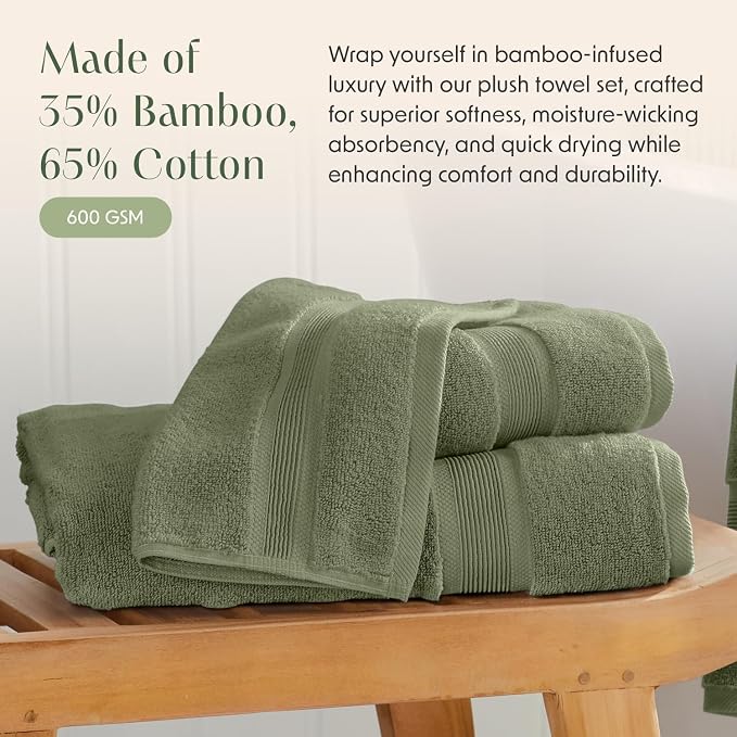 Luxury Bamboo Rayon Oversized Bath Towel Set | 2-Pack | Ultra Soft | Green | 35% Bamboo Rayon - 65% Zero Twist Cotton | Absorbent Quick-Dry Towels for Bathroom | Ultra Soft | OEKO-TEX Standard 100