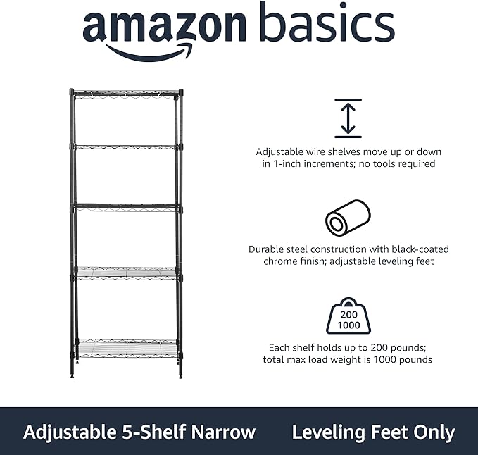 Amazon Basics 5-Shelf Multipurpose Adjustable Steel Garage Shelving Unit, Storage Rack for Kitchen, 200 lbs Per Shelf, Easy Assembly, 13.4"D x 23.2"W x 60"H, Black