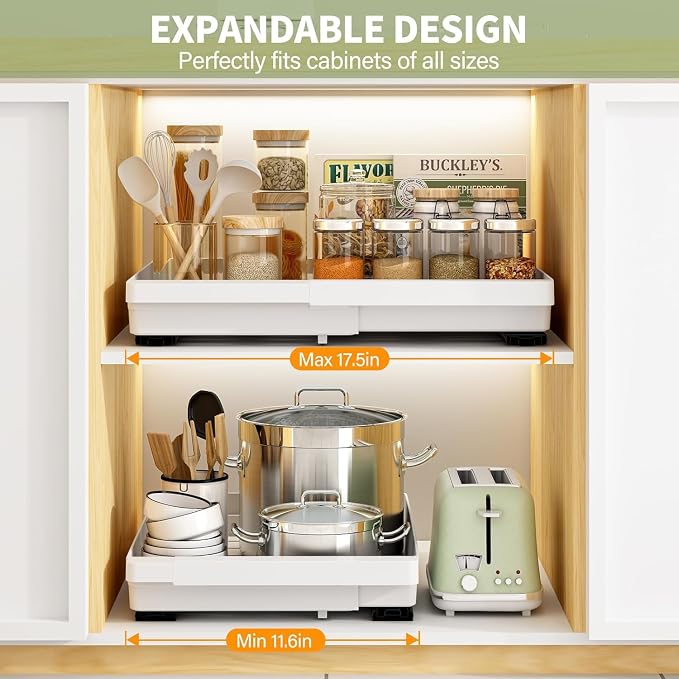 4 Pack Pull Out Cabinet Organizers Expandable (11.6''-17.5''), Plastic Slide Out Drawers for Kitchen, Bathroom, Pantry, Under Sink Storage, Pull Out Drawers Fixed with Adhesive Nano Film (White)