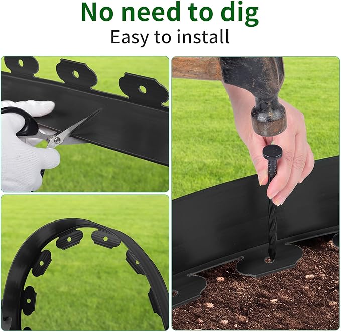 AggFencer Landscape Edging 4in Garden Edging Borders No Dig 100ft | Flexible Landscaping Edging Kit for Flower Bed Lawn Yard Grass Black with 184 Pcs Spikes