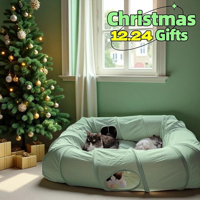 XxingSheep 4 Ways Shuttled XL Cat Tunnel Bed for Indoor Cats Peekaboo Cat Cave Donut with Cool Mat (Green)