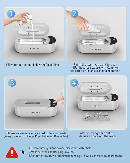 KUNPHY Jewelry Cleaner, 48KHz U-V Ultrasonic Cleaner Machine with Digital Display, Dual Cleaning Modes, 304 Stainless Steel Tank for Jewelry, Eyeglasses, Rings, Retainers, Dentures