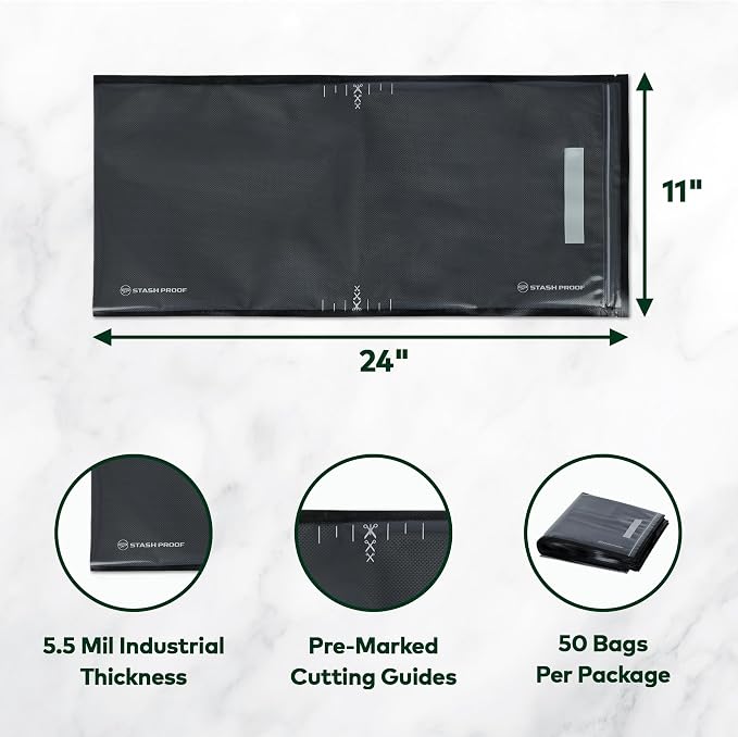 Resealable Vacuum Seal Zipper Bags 11" x 24" (50 Count) 5.5 Mil (Black & Clear) Precut BPA Free Heavy-Duty Commercial Grade Reclosable Bag, Sous Vide, Meal Prep, Freezer Storage & Food Preservation