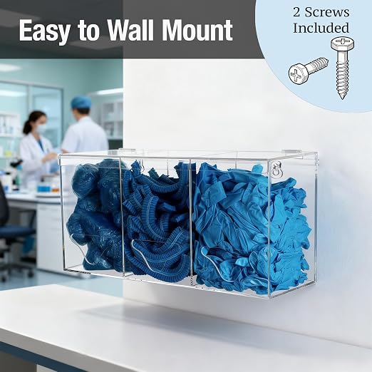 Hairnet Dispenser and Glove Holder Wall Mount - 3 Compartments Acrylic Hygiene Dispenser Station with Lid for Shoe Covers, Safety Glasses, Earplugs, Beard Nets, Dishwasher Pods, Clear