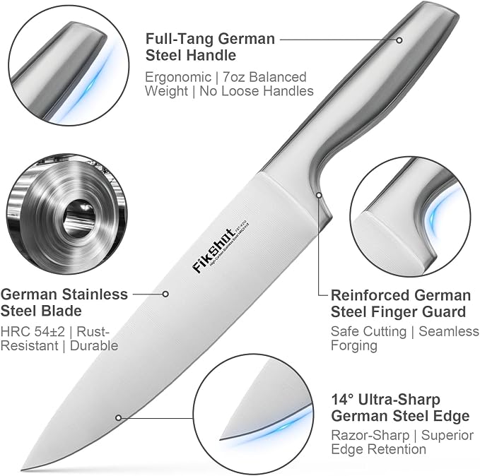 FIKSHOT 14 Pieces Knife Block Set German Stainless Steel with Sharpener | Razor-Sharp Santoku Knives, Fruit & Kitchen Knives, Rust Resistant for Homecooks, BBQ Prep (Silver + Walnut)