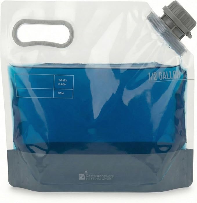 Restaurantware Cater Tek 1/2 Gallon Water Containers 10 Drink Bags - Collapsible Includes Tamper-Evident Caps Clear Plastic Beverage Bags For Catered Events Camping or Hiking Durable Handle