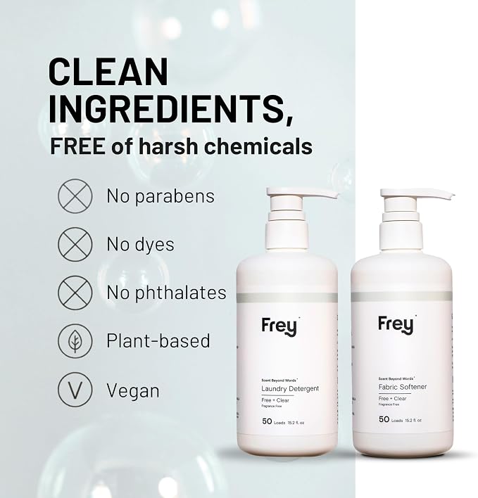 FREY Full Wash Laundry Care Bundle - Concentrated Liquid Laundry Detergent & Fabric Softener (Fragrance-Free)