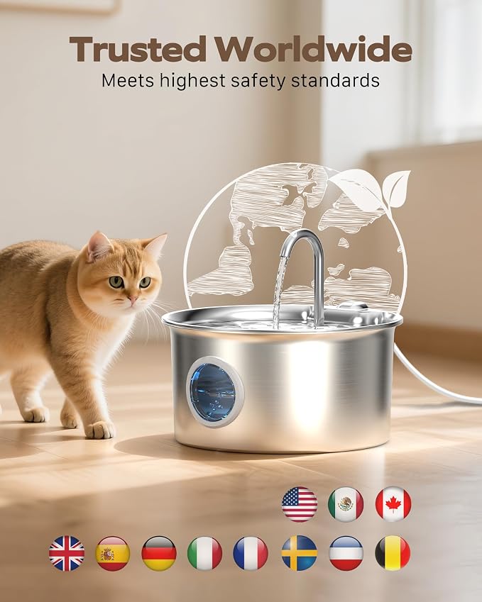 Stainless Steel Cat Water Fountain: Cat Fountain with 6 Filters + 3 Sponges - 88oz/2.6L Pet Water Fountain for Cats Inside - Silent Cats Water Bowl Dispenser - ATMZIQXR Kitty Drinking Fountains