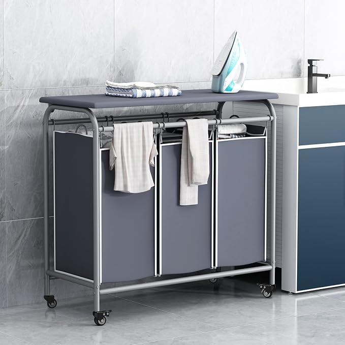 LINZINAR 3-Bag Laundry Hamper with Ironing Board, Grey 135L Laundry Sorter | Laundry Room Organization with Heavy Duty Rolling Lockable Wheels and Removable Bag, Bedroom Laundry Cart for Clothes Storage