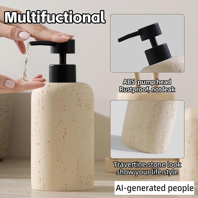 Bathroom Accessories Set, Travertine Stone Look, 5 PCS, Yellow | Modern, Bathroom Set with 13.53 OZ Soap Dispenser, Toothbrush Holder, Tumbler, Vanity Tray, Cotton Swab Jar for Countertop