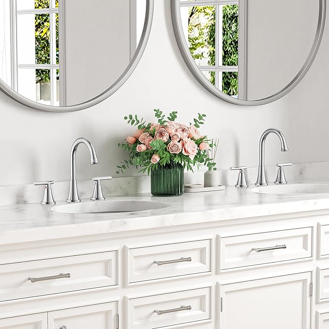 Bathroom Faucets for Sink 3 Hole, Hurran Chrome Bathroom Sink Faucet with Pop-up Drain and Supply Lines, Stainless Steel Lead-Free Widespread Faucet for Vanity RV Farmhouse, 2 Pack