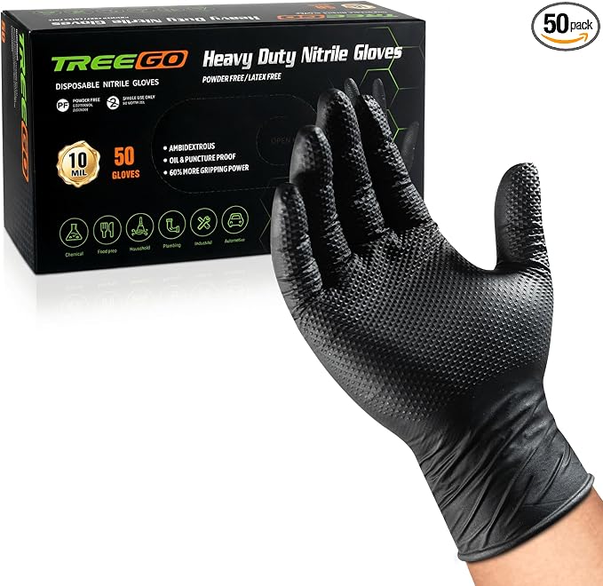 TREEGO 10 Mil Heavy Duty Black Nitrile Mechanic Gloves, 50 Count L | Diamond Grip, Latex & Powder Free for Automotive Repair, Professional Workshops & Daily Maintenance Tasks