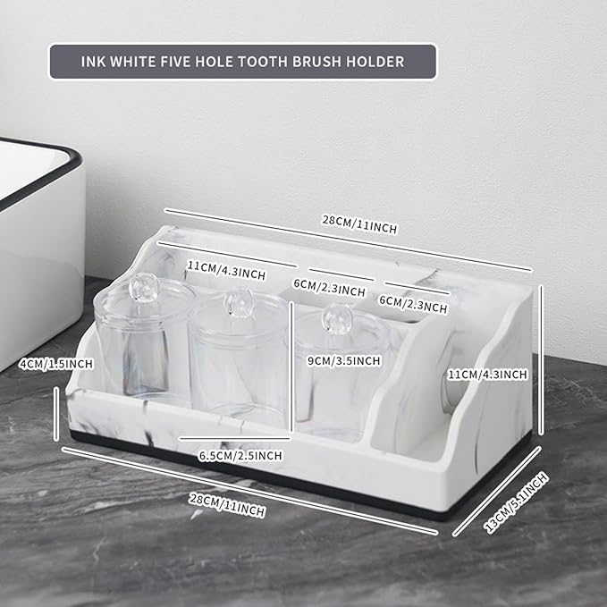 Bathroom Counter Organizer Toothbrush Holder Durability Home Use 5 Compartments Resin with 3 Qtip Holder Toothbrush Organizer (White)