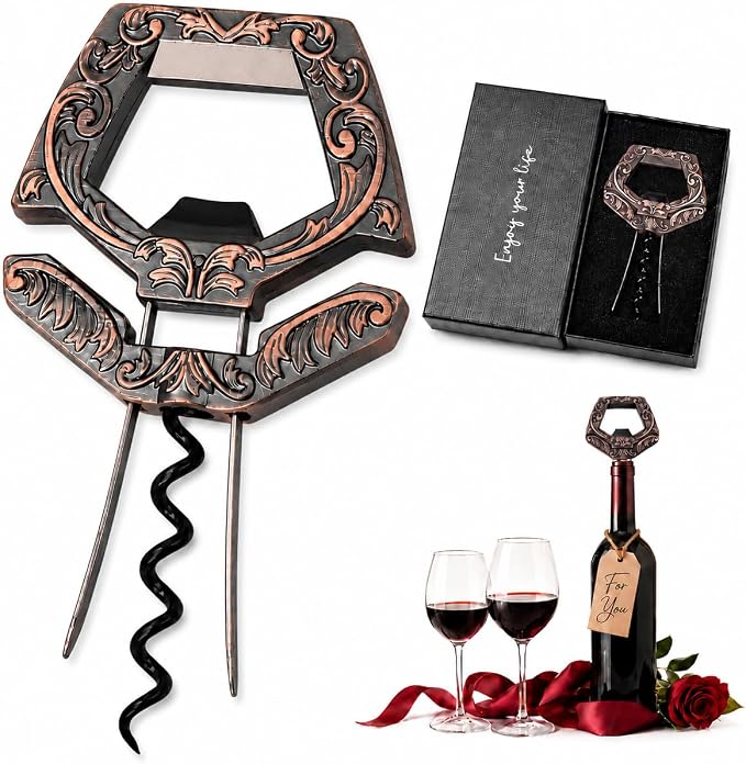 Wine Couple 3 in 1 Wine Bottle Opener, Ah So Two Prong Corkscrew (Copper) | For old fragile corks, beer caps and vintage bottles. Black gift box for wine lovers, collectors and gifting