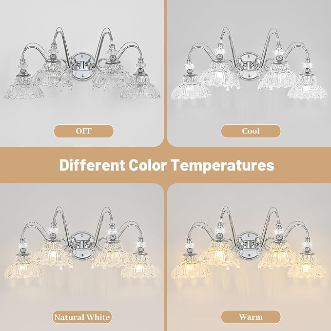 Brushed Chrome Bathroom Vanity Light, 4-Light Chrome Finish Wall Sconce with Hanging Crystal Accents and Flower-Shaped Clear Glass Shades, Modern Wall Mount Vanity Light Over Mirror for Bathroom